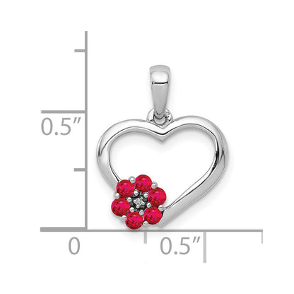 14K Weißgold Herz-Anhänger mit echtem Diamant und Rubin und Blumenmotiv