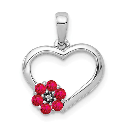 14K Weißgold Herz-Anhänger mit echtem Diamant und Rubin und Blumenmotiv