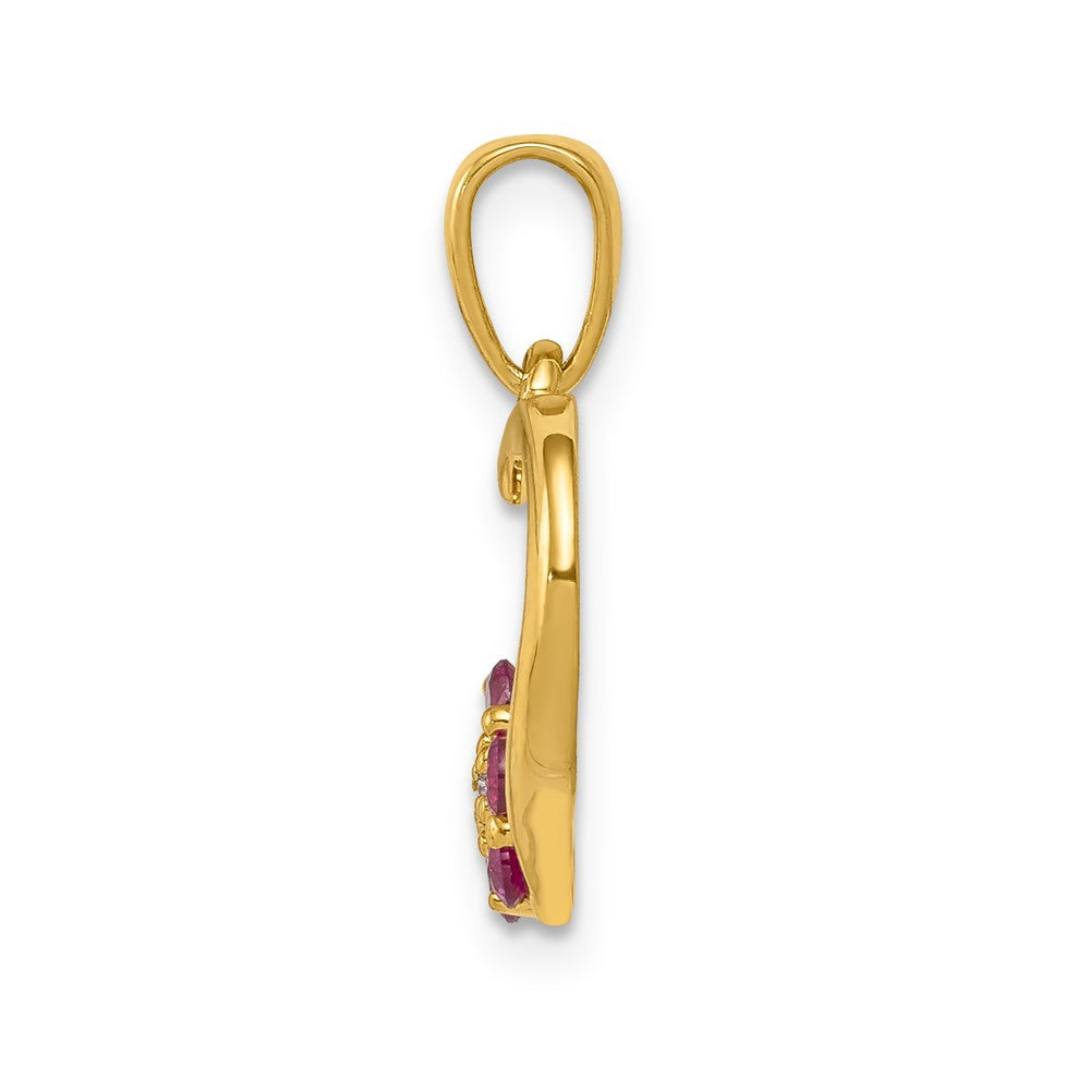 10-Karat-Gelbgold-Anhänger mit echten Diamanten und Rubinen, Herz mit Blume
