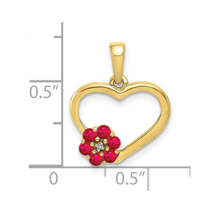 10-Karat-Gelbgold-Anhänger mit echten Diamanten und Rubinen, Herz mit Blume