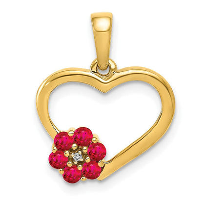 10-Karat-Gelbgold-Anhänger mit echten Diamanten und Rubinen, Herz mit Blume