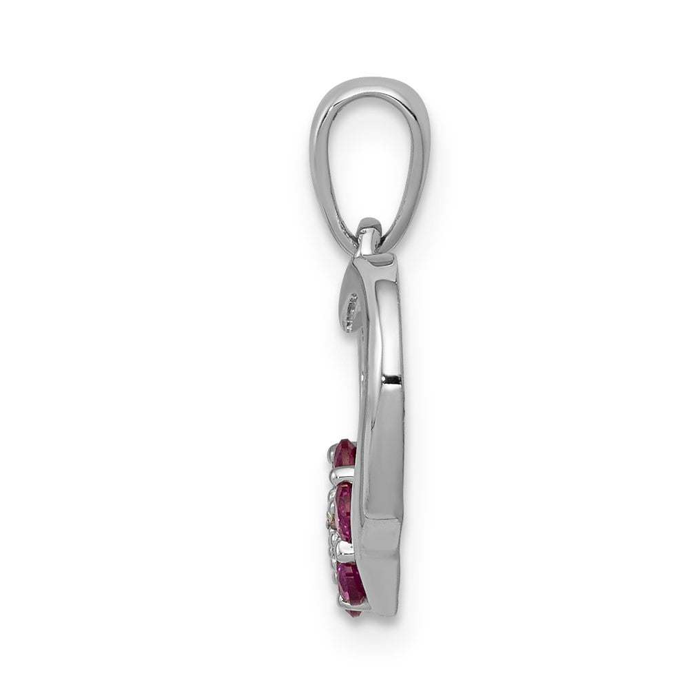 14K Weißgold Anhänger mit echtem Diamant und Rubin, Herz mit Blume