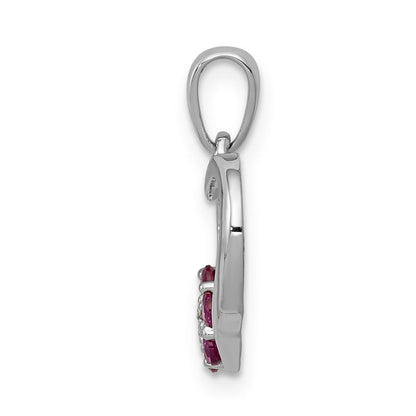 14K Weißgold Anhänger mit echtem Diamant und Rubin, Herz mit Blume