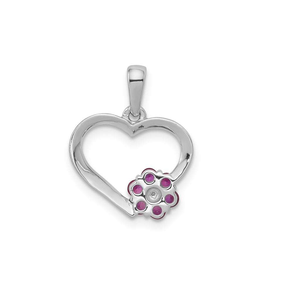 14K Weißgold Anhänger mit echtem Diamant und Rubin, Herz mit Blume