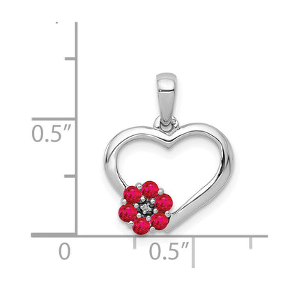 14K Weißgold Anhänger mit echtem Diamant und Rubin, Herz mit Blume