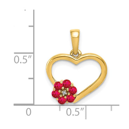 14K Gelbgold Herzanhänger mit echtem Diamant, Rubin und Blüte