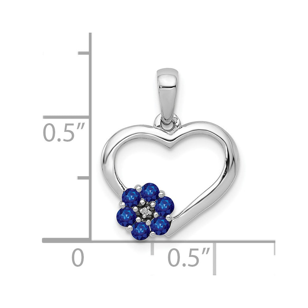 14K Weißgold Herz-Anhänger mit echtem Diamant, Saphir und Blume