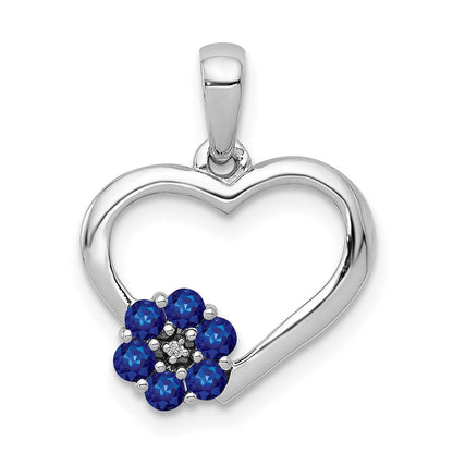 14K Weißgold Herz-Anhänger mit echtem Diamant, Saphir und Blume