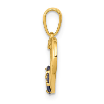 10K Gelbgold Herzanhänger mit echtem Diamant, Saphir und Blumenmotiv