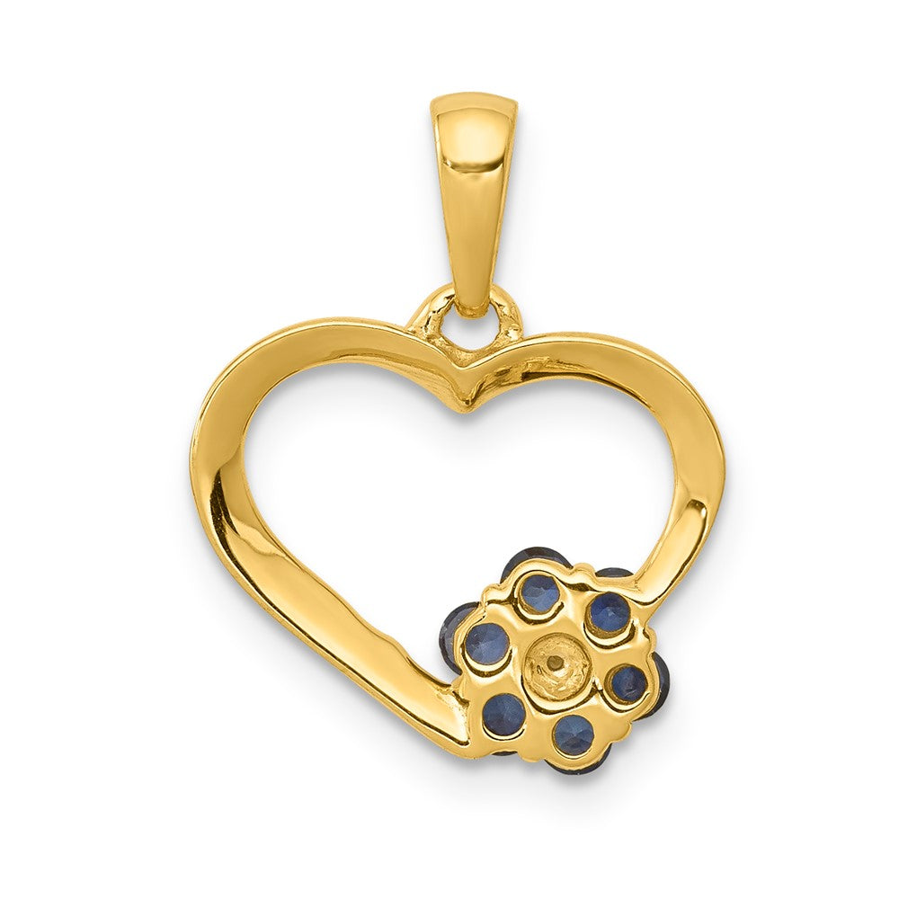10K Gelbgold Herzanhänger mit echtem Diamant, Saphir und Blumenmotiv