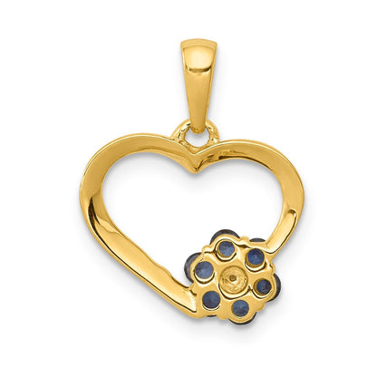 10K Gelbgold Herzanhänger mit echtem Diamant, Saphir und Blumenmotiv