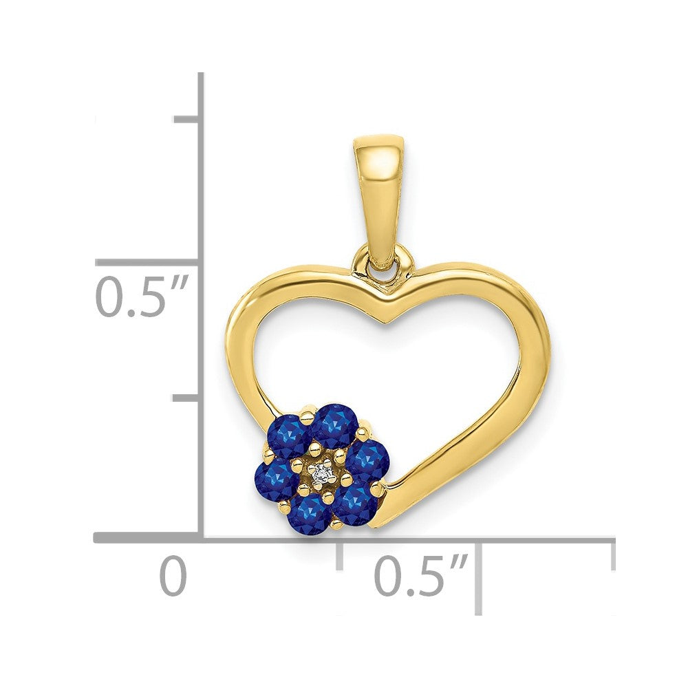 10K Gelbgold Herzanhänger mit echtem Diamant, Saphir und Blumenmotiv