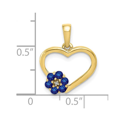 10K Gelbgold Herzanhänger mit echtem Diamant, Saphir und Blumenmotiv