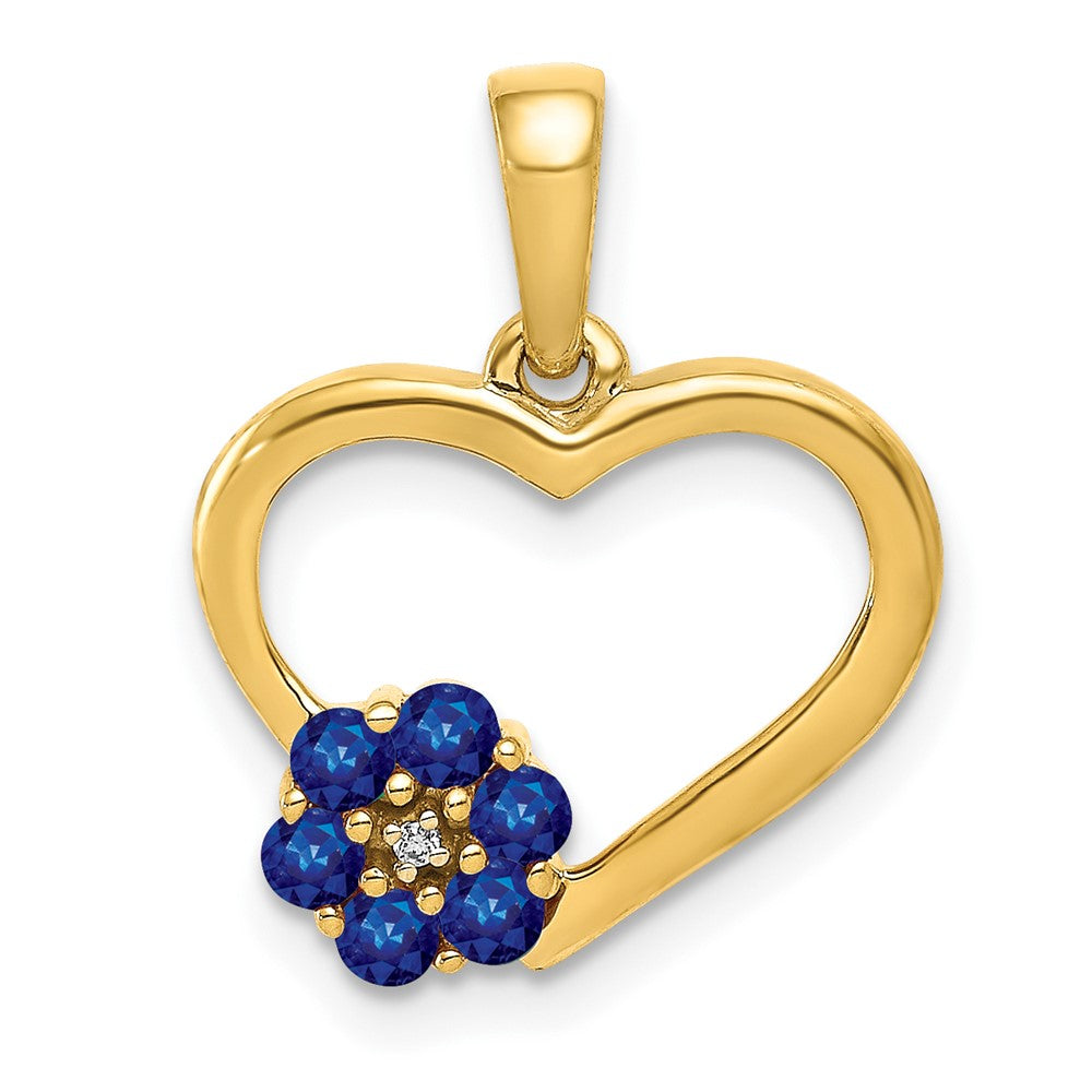 10K Gelbgold Herzanhänger mit echtem Diamant, Saphir und Blumenmotiv