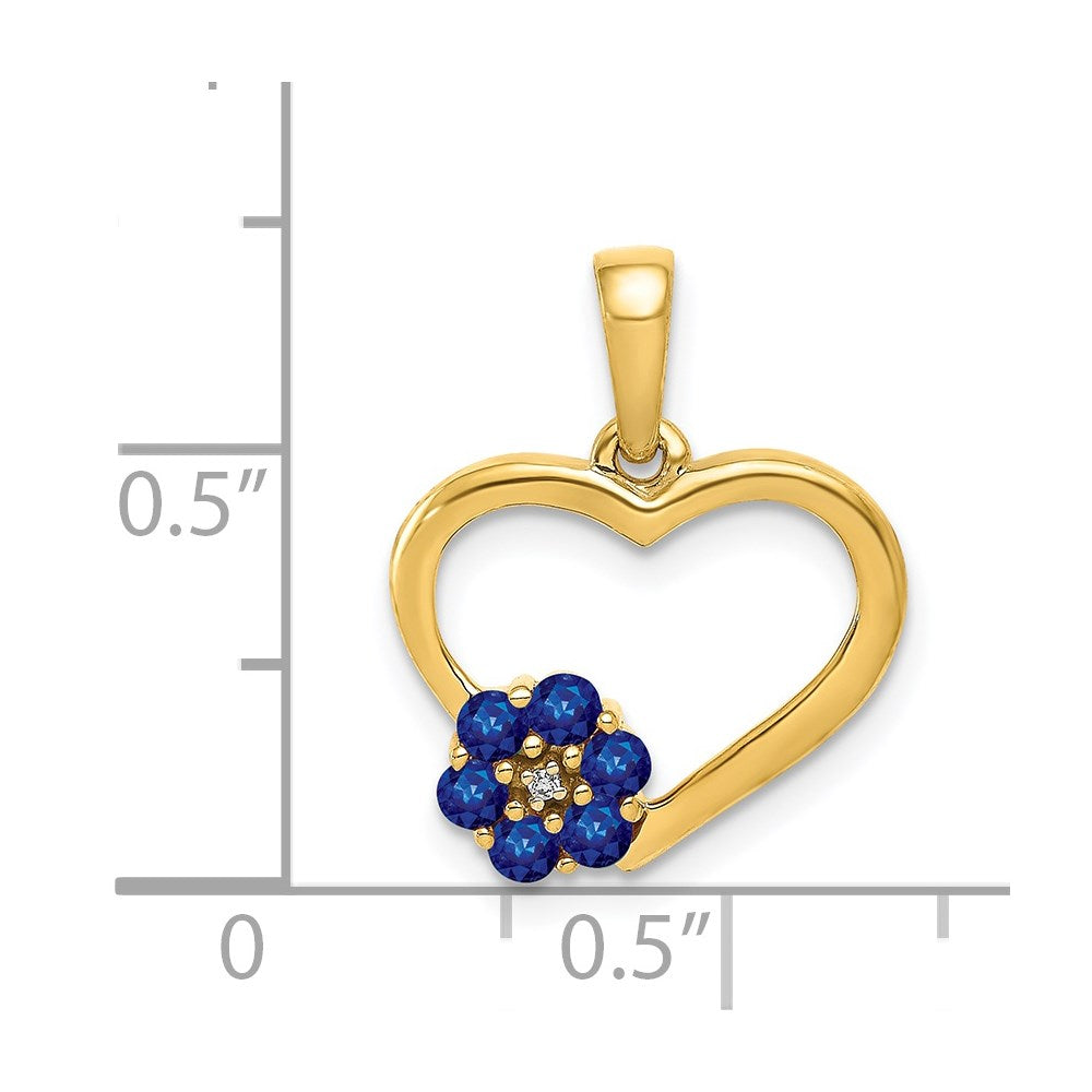 14K Gelbgold Herz-Anhänger mit echten Diamanten, Saphiren und Blume