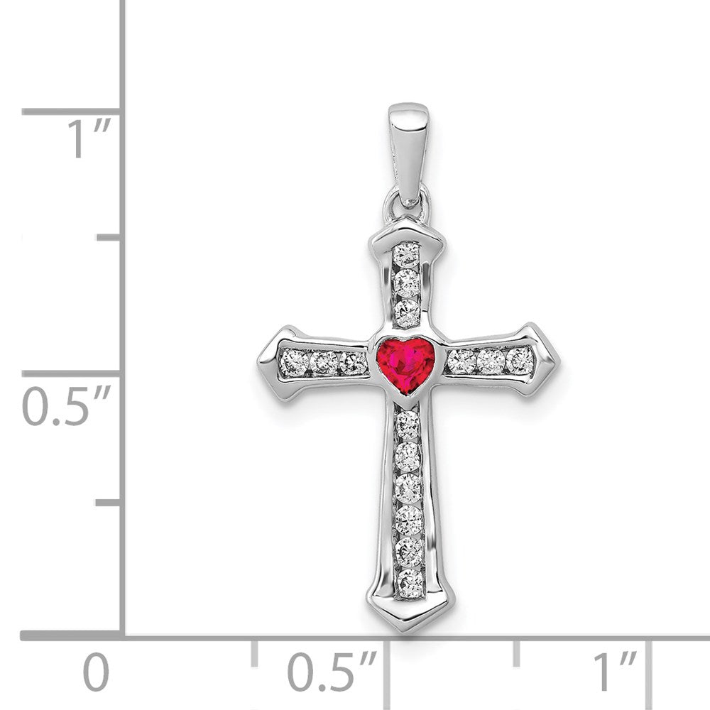 14 Karat Weißgold Herz-Kreuz-Anhänger mit Rubin und echten Diamanten