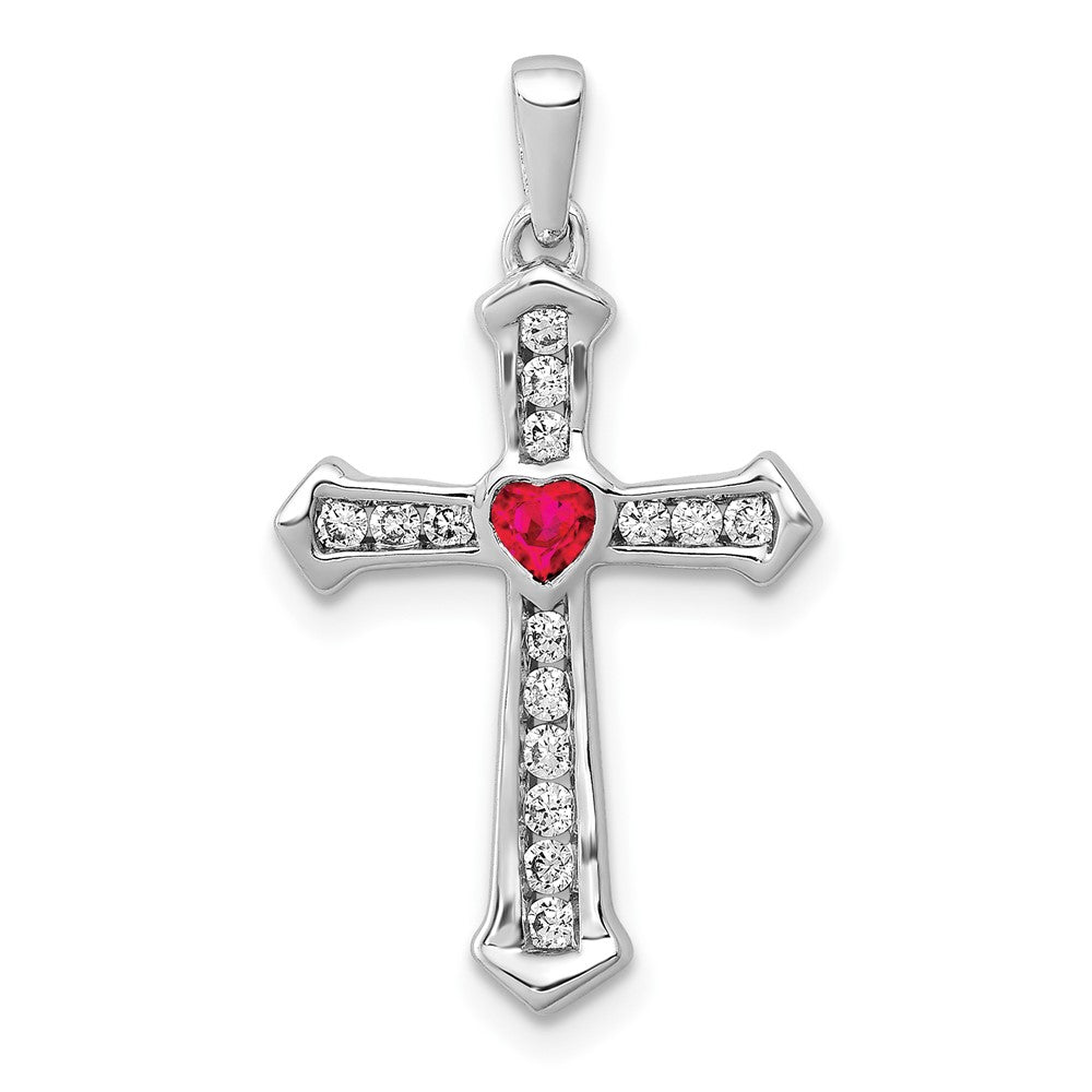 14 Karat Weißgold Herz-Kreuz-Anhänger mit Rubin und echten Diamanten