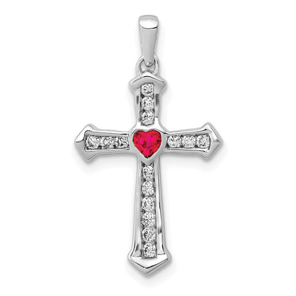 14 Karat Weißgold Herz-Kreuz-Anhänger mit Rubin und echten Diamanten