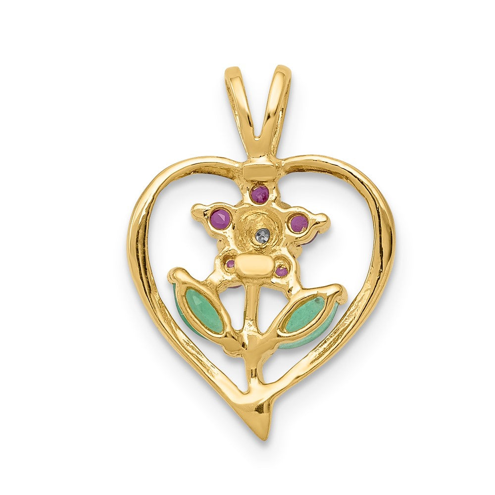 14K Gelbgold Anhänger Blume im Herz mit Siam-Rubin, Smaragd und echtem Diamant