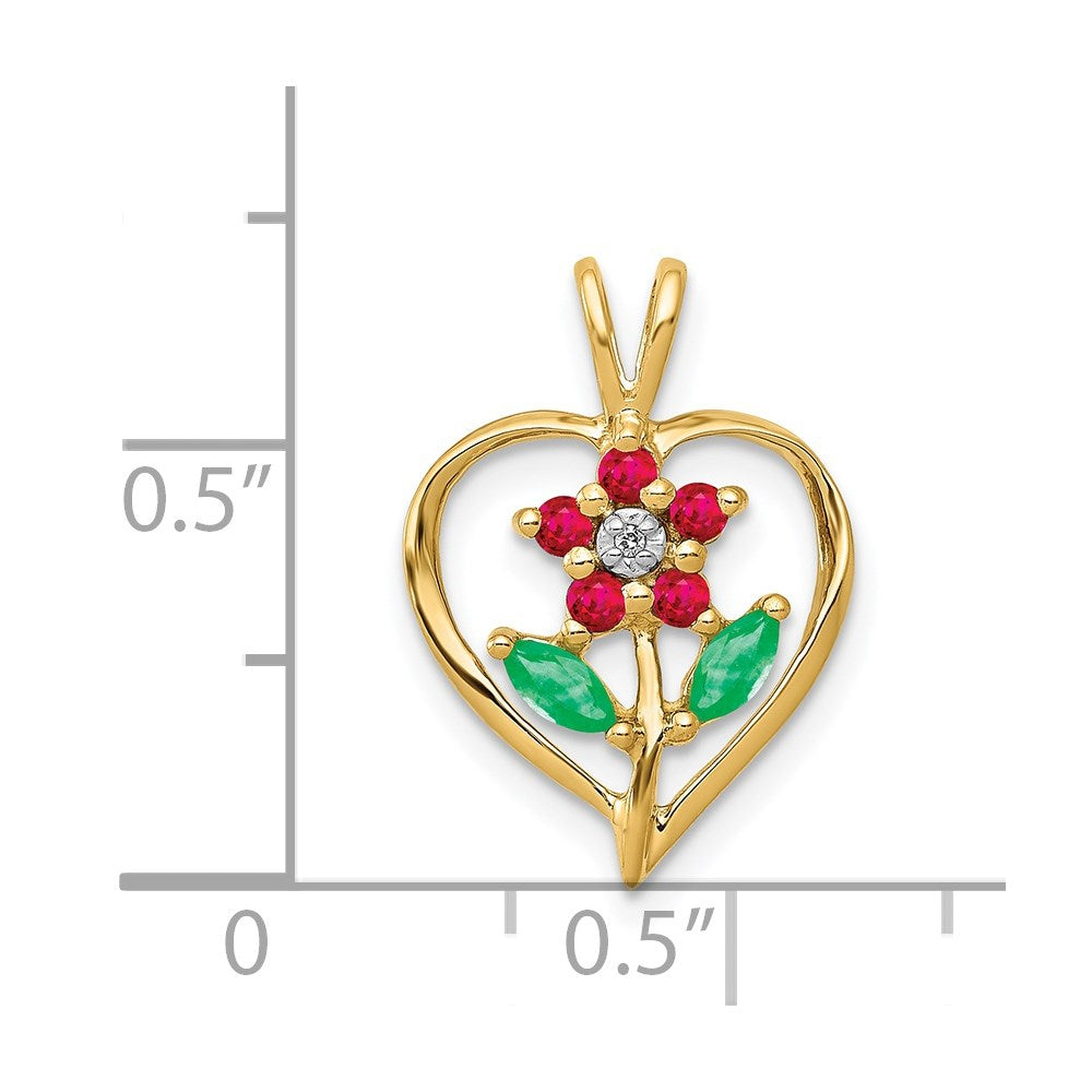 14K Gelbgold Anhänger Blume im Herz mit Siam-Rubin, Smaragd und echtem Diamant