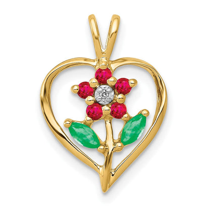 14K Gelbgold Anhänger Blume im Herz mit Siam-Rubin, Smaragd und echtem Diamant