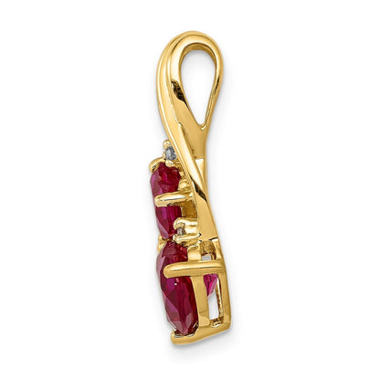 14K Gelbgold Anhänger mit im Labor gezüchtetem Rubin und echten Diamanten, Doppelherz-Design