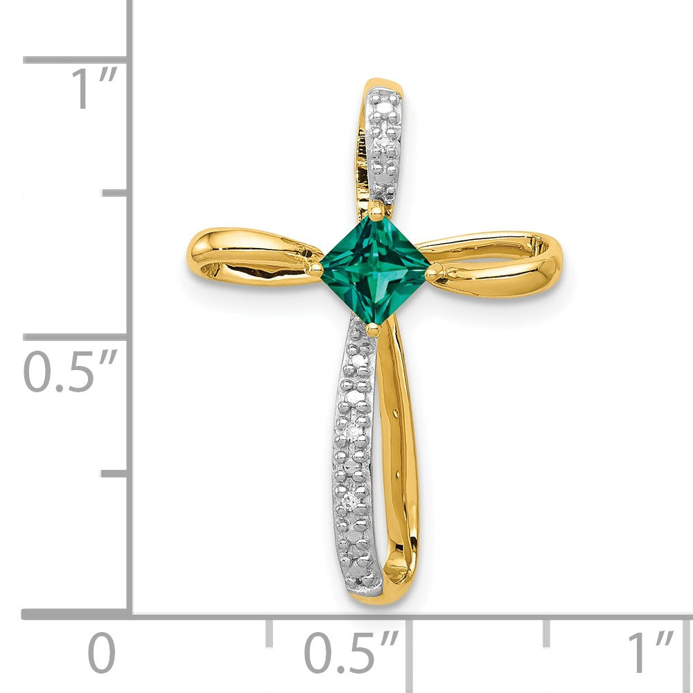 Kreuzanhänger aus 10K Gelbgold mit Rhodium, laborgezüchtetem Smaragd und echtem Diamant