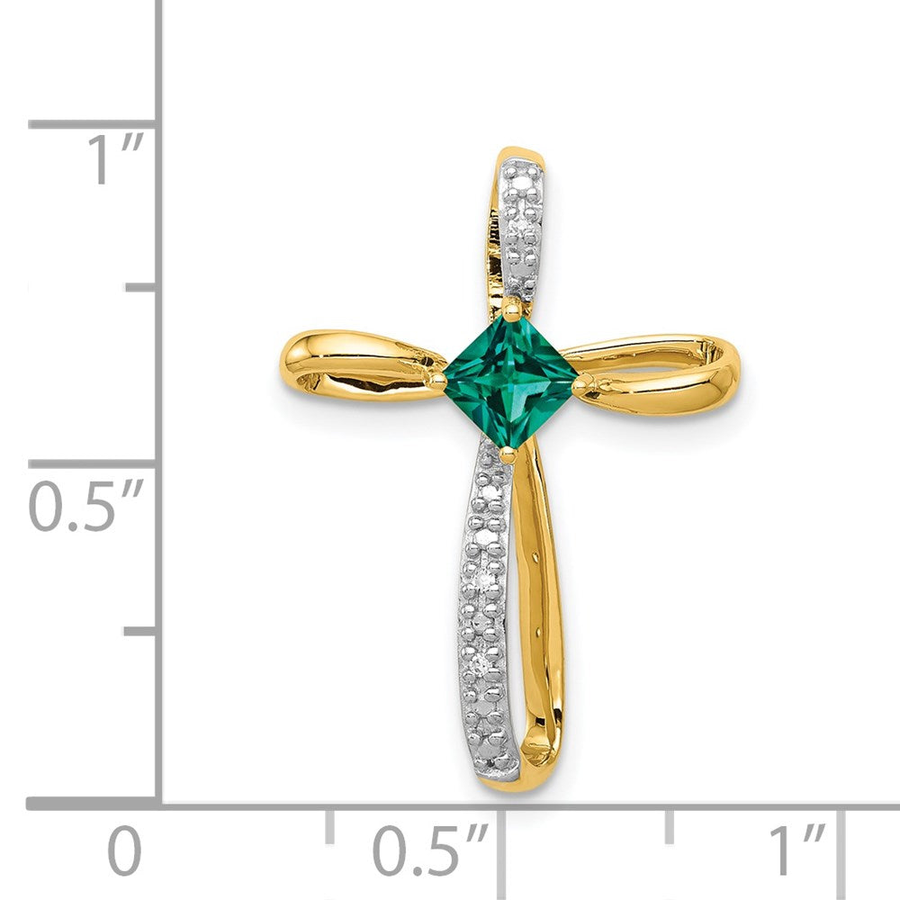 14K Gelbgold mit Rhodium Im Labor Erzeugt Smaragd und Echt Diamant Kreuz Anhänger