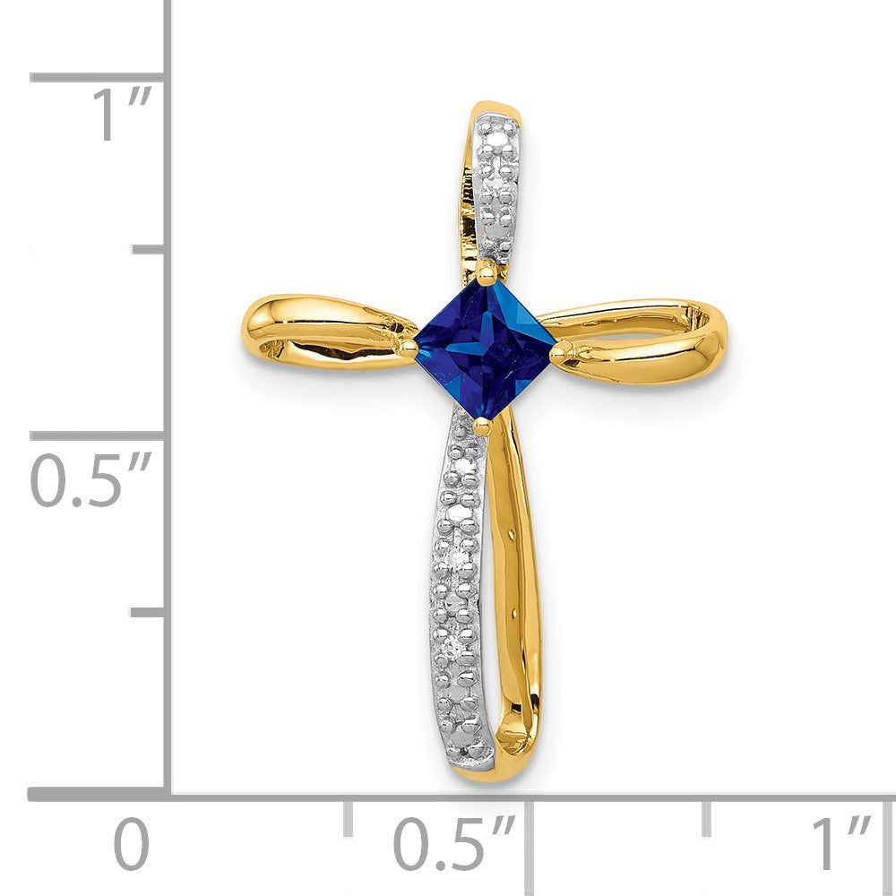 10K Gelbgold mit Rhodiumbeschichtung, laborgezüchtetem Saphir und echtem Diamant-Kreuzanhänger