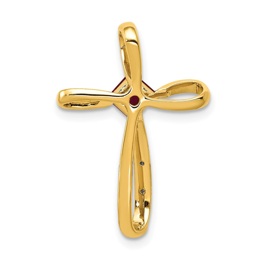 10-Karat Gelbgold und Rhodium-Anhänger, Kreuz mit im Labor gezüchtetem Rubin und echten Diamanten