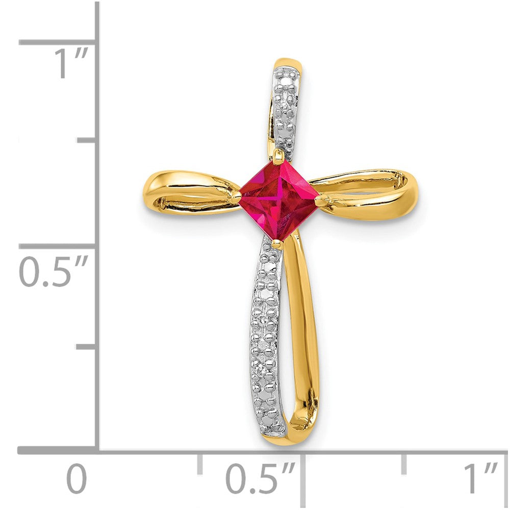 10-Karat Gelbgold und Rhodium-Anhänger, Kreuz mit im Labor gezüchtetem Rubin und echten Diamanten