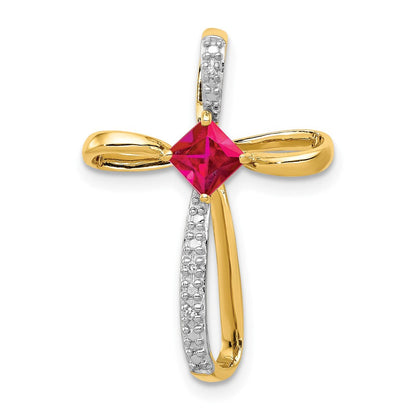 10-Karat Gelbgold und Rhodium-Anhänger, Kreuz mit im Labor gezüchtetem Rubin und echten Diamanten