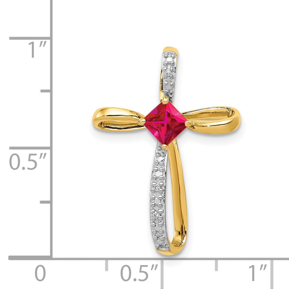 14K Gelbgold und Rhodium Im Labor Erzeugt Rubin und Echt Diamant Kreuz Anhänger