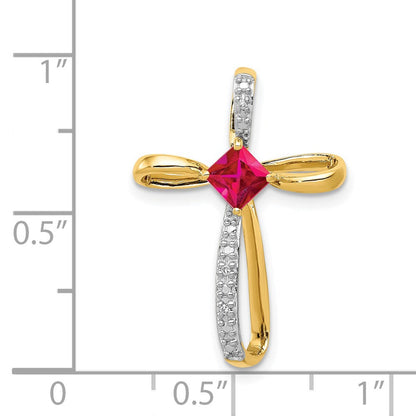14K Gelbgold und Rhodium Im Labor Erzeugt Rubin und Echt Diamant Kreuz Anhänger
