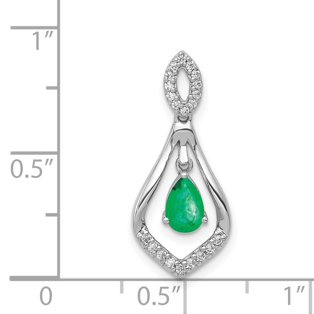 14K Weißgold Anhänger mit echtem Diamant und tropfenförmigem Smaragd, baumelnd