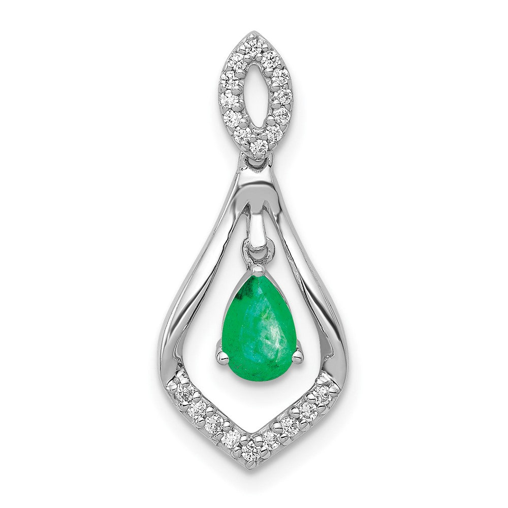 14K Weißgold Anhänger mit echtem Diamant und tropfenförmigem Smaragd, baumelnd