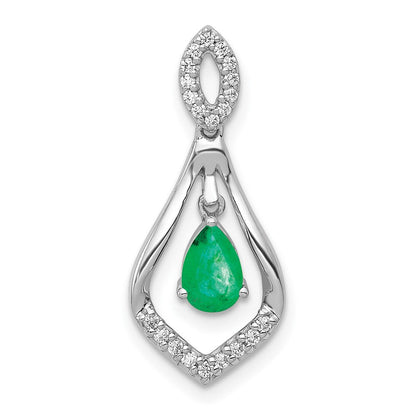14K Weißgold Anhänger mit echtem Diamant und tropfenförmigem Smaragd, baumelnd