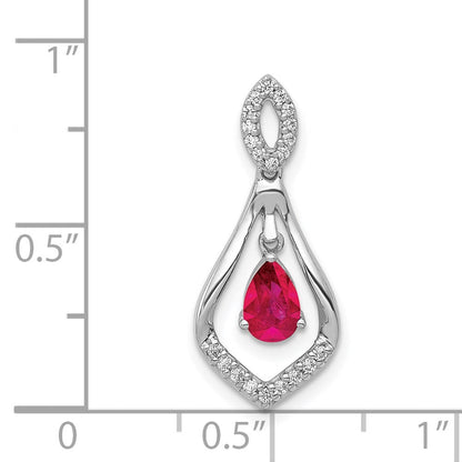 14K Weißgold Anhänger mit echten Diamanten und Rubinen, Tropfen-Design, mit baumelndem Element