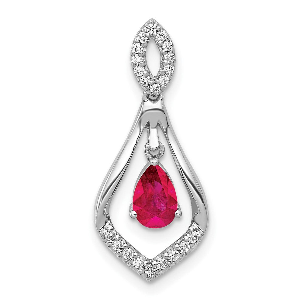 14K Weißgold Anhänger mit echten Diamanten und Rubinen, Tropfen-Design, mit baumelndem Element