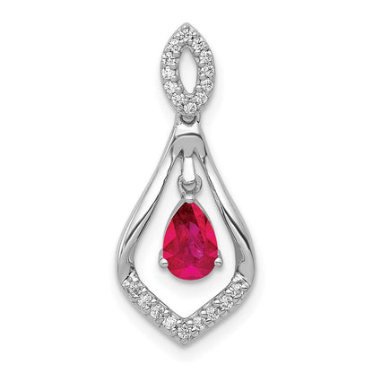 14K Weißgold Anhänger mit echten Diamanten und Rubinen, Tropfen-Design, mit baumelndem Element