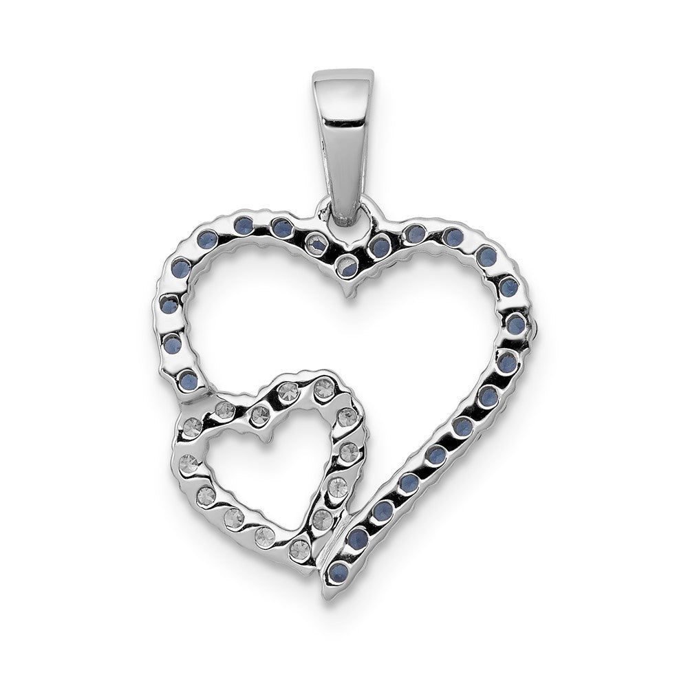 14K Weißgold Anhänger mit echtem Diamant und Saphir, Doppelherz