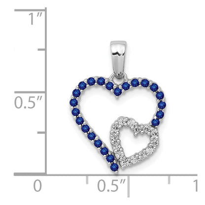 14K Weißgold Anhänger mit echtem Diamant und Saphir, Doppelherz