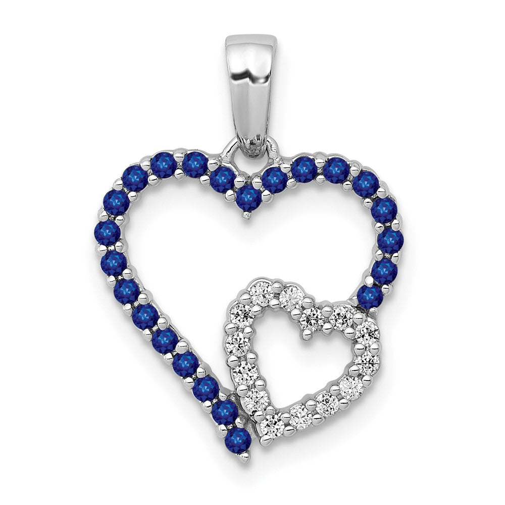 14K Weißgold Anhänger mit echtem Diamant und Saphir, Doppelherz
