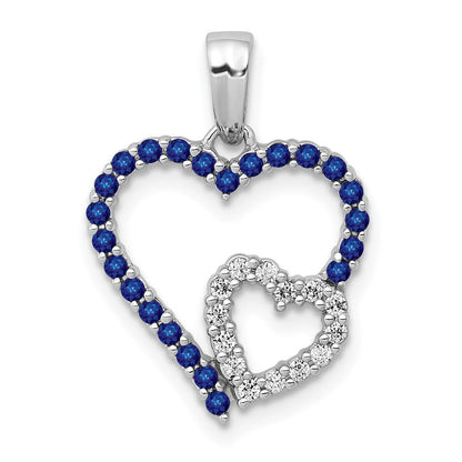 14K Weißgold Anhänger mit echtem Diamant und Saphir, Doppelherz