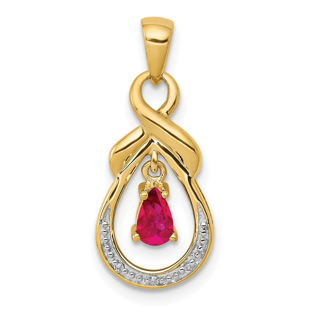10K Gelbgold Anhänger mit birnenförmigem Rubin und echtem Diamant