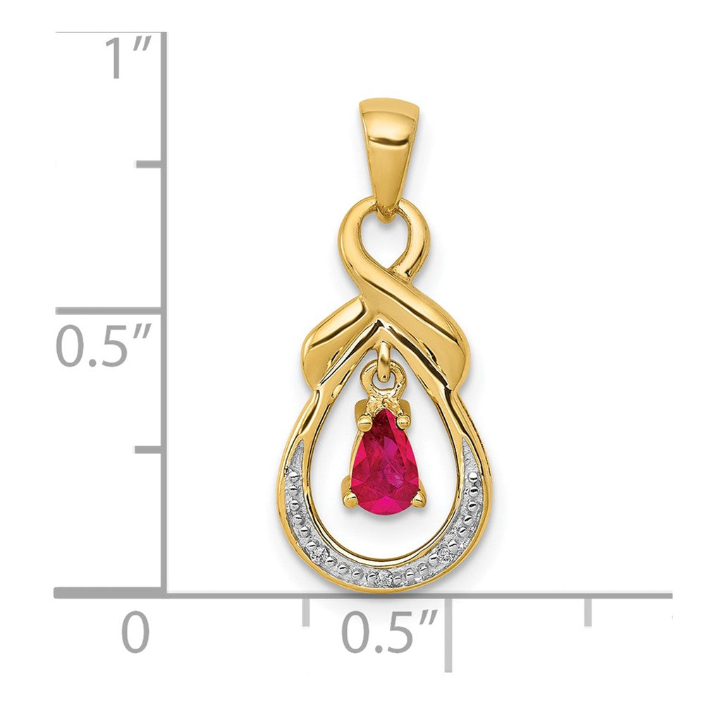 14K Gelbgold Anhänger mit birnenförmigem Rubin, echten Diamanten und Baumelelement