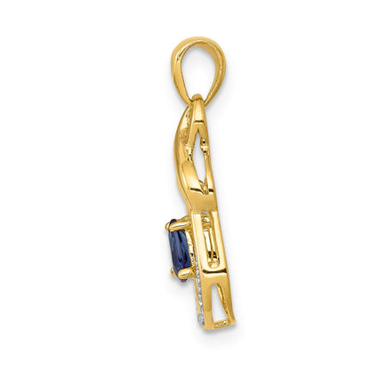 14K Gelbgold Anhänger mit birnenförmigem Saphir und echten Diamanten, baumelnd