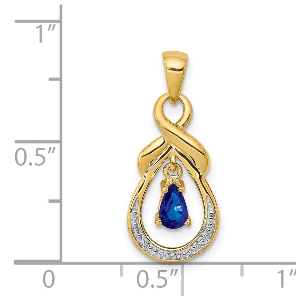 14K Gelbgold Anhänger mit birnenförmigem Saphir und echten Diamanten, baumelnd
