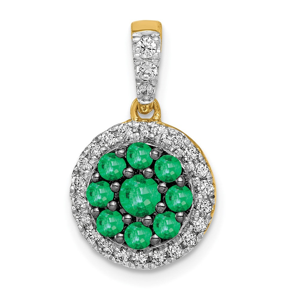 14K Gelbgold Halo Anhänger mit rundem Diamant- und Smaragd-Besatz, echte Diamanten