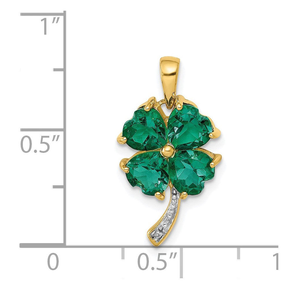 14K Gelbgold Anhänger Vierblättriges Kleeblatt mit synthetischem Smaragd und echtem Diamant
